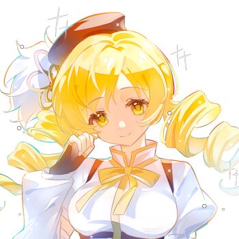 1girl beret blonde_hair bow bowtie breasts brown_corset brown_gloves catyeahyeah commentary_request corset detached_sleeves drill_hair fingerless_gloves gloves hair_ornament hairpin hat highres mahou_shoujo_madoka_magica mahou_shoujo_madoka_magica_(anime) puffy_short_sleeves puffy_sleeves shirt short_sleeves smile tomoe_mami twin_drills white_shirt yellow_bow yellow_bowtie yellow_eyes