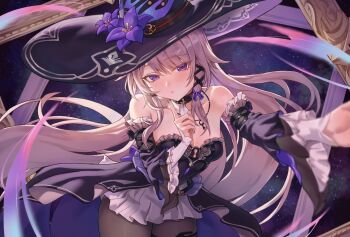 1girl bare_shoulders black_choker black_dress black_pantyhose black_sleeves breasts choker detached_sleeves dress finger_to_own_chin grey_hair hat herta_(honkai:_star_rail) highres honkai:_star_rail honkai_(series) jewelry kadokadokado key key_necklace long_hair looking_at_viewer medium_breasts necklace pantyhose parted_lips picture_frame purple_eyes reaching reaching_towards_viewer sky solo star_(sky) starry_sky the_herta_(honkai:_star_rail) witch_hat