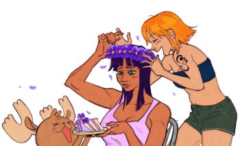 &gt;_&lt; 0000alisa 1boy 2girls antlers arm_tattoo bandeau blue_bandeau blue_eyes blue_nose blunt_bangs blush cake cake_slice commentary english_commentary falling_petals flower_wreath food highres holding holding_plate horns multiple_girls nami_(one_piece) nico_robin one_piece orange_hair petals plate purple_petals reindeer_antlers short_hair shorts smile tank_top tattoo tony_tony_chopper white_background