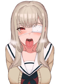 1girl absurdres black_neckerchief blush breasts brown_cardigan brown_hair cardigan eyepatch furen_e_lustario furen_e_lustario_(school_uniform) highres koutate large_breasts long_hair looking_at_viewer naughty_face neckerchief nijisanji open_cardigan open_clothes open_mouth oral_invitation red_eyes red_serafuku red_shirt sailor_collar school_uniform seductive_smile serafuku shirt smile steam teeth tongue tongue_out upper_body upper_teeth_only virtual_youtuber white_background white_sailor_collar