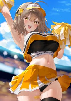 1girl absurdres alternate_costume anis_(nikke) arm_up armpits bandaid_on_thigh black_panties black_sports_bra black_thighhighs blue_sky blurry blurry_background blush bokeh breasts brown_eyes brown_hair cheerleader cloud cloudy_sky commentary_request cowboy_shot crop_top cropped_shirt day depth_of_field from_below goddess_of_victory:_nikke hair_between_eyes hair_intakes highres holding holding_pom_poms large_breasts looking_at_viewer midriff navel nigi_(ngmnoym) open_mouth orange_shirt orange_skirt panties pom_pom_(cheerleading) pom_poms shirt short_hair skirt sky smile solo sports_bra stomach sweat teeth thigh_gap thighhighs underwear upper_teeth_only visor_cap