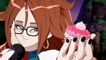 android_21 android_21_(human) animated animated_gif black_nails brown_hair checkered_clothes dragon_ball dragon_ball_fighterz eating food glasses hand_on_own_cheek hand_on_own_face jewelry lab_coat ring