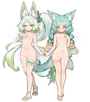 2girls animal_ear_fluff animal_ears bar_censor breasts cat_ears cat_girl cat_tail censored chack520 chinese_commentary choker commentary_request completely_nude flip-flops frilled_thigh_strap full_body green_eyes green_hair halftone halftone_background hand_up highres holding_hands large_ears large_variant_set long_hair looking_at_viewer multiple_girls negiwolf nipples nude original pussy sandals small_breasts tail thigh_strap thighs variant_set white_background wolf_ears wolf_girl wolf_tail