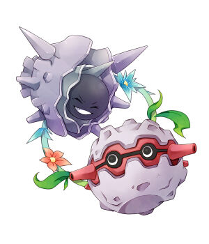 Rule 34 | animal focus, black eyes, blue flower, closed eyes, cloyster, flower, forretress, full body, gen 1 pokemon, gen 2 pokemon, grin, honey-cat, nintendo, no humans, pokemon, pokemon (creature), red flower, simple background, smile, white background