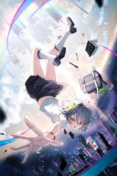 1girl absurdres acacia_(snowbreak) bag black_footwear black_necktie black_skirt blurry building city cityscape collared_shirt falling full_body grey_hair highres kneehighs loafers looking_at_viewer midair miniskirt necktie open_mouth outdoors outstretched_arm plaid plaid_clothes plaid_skirt pleated_skirt qys3 reaching school_bag school_uniform shirt shoes short_hair short_sleeves skirt sky snowbreak:_containment_zone socks solo upside-down white_shirt white_socks yellow_eyes