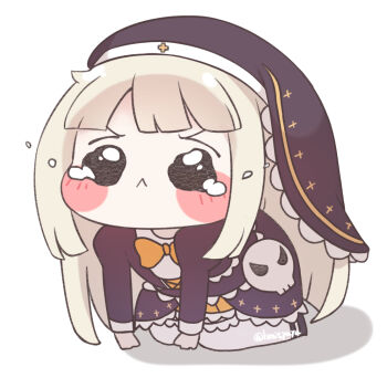 1girl black_eyes black_shirt black_veil blush brown_hair closed_mouth commentary_request hidaka_mari looking_at_viewer shirt solo speaki_(trickcal) tearing_up tears trickcal twitter_username veil white_background