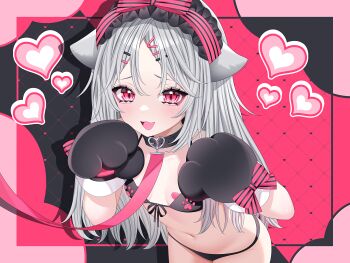 1girl :d absurdres animal_ears animal_hands bandaid bandaids_on_nipples belt bikini black_belt black_bikini black_collar black_headdress bow breasts buckle cat_ears cat_paws collar commentary_request cowboy_shot drop_shadow fang furrowed_brow glove_bow grey_hair grid_background hair_ornament hair_ribbon hairclip hands_up heart heart-shaped_buckle heart_background highres leash leemun light_blush long_hair looking_at_viewer open_mouth original pasties paw_pose pink_bow pink_eyes pink_ribbon ribbon small_breasts smile solo stomach striped_bow striped_ribbon swimsuit wanko_(yurika0320)