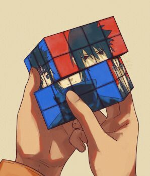2boys absurdres black_eyes black_hair black_headband black_shirt closed_mouth food fruit hair_between_eyes haruiro_(hrm_ino) headband highres light_smile male_focus multiple_boys naruto_(series) naruto_shippuuden orange_(fruit) orange_slice parted_bangs red_eyes rubik&#039;s_cube shirt short_hair time_progression uchiha_sasuke uzumaki_naruto white_shirt