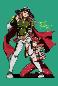 2boys 3kyu4ever absurdres adapted_costume antlers bag beard belt belt_buckle blue_eyes blue_lips bridal_gauntlets brown_fur brown_hair buckle cape commentary deer_antlers derivative_work facial_hair fake_horns fur-trimmed_hoodie fur_trim goggles goggles_on_headwear green_background green_bridal_gauntlets green_eyes green_lips green_shirt grey_belt grey_hat grey_hoodie grey_pants gyro_zeppeli hat heart_ornament highres holding holding_another's_leg holding_bag holster hood hood_down hoodie horns horseshoe_hat_ornament horseshoe_ornament johnny_joestar jojo_no_kimyou_na_bouken jojo_pose kneeling layered_sleeves long_hair long_sleeves male_focus merry_christmas multiple_boys pants red_cape red_pants shirt short_over_long_sleeves short_sleeves spurs star_(symbol) star_print steel_ball_(jojo) steel_ball_run