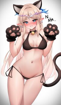 1girl absurdres alternate_costume animal_ears animal_hands bare_shoulders bell black_bra black_panties blonde_hair blue_eyes blush bra breasts cameltoe cartethyia_(wuthering_waves) cat_ears cat_tail cleavage commentary crown_of_thorns earrings embarrassed fake_animal_ears gloves grin hands_up highres jewelry kkhyun5016 long_hair looking_at_viewer medium_breasts multiple_earrings neck_bell nose_blush panties parted_bangs paw_gloves pointy_ears side-tie_panties sidelocks smile solo tacet_mark_(wuthering_waves) tail thighs underwear very_long_hair wuthering_waves