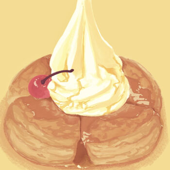 Rule 34 | amakara 0614, cherry, commentary request, food, food focus, fruit, maple syrup, no humans, orange background, original, pancake, pancake stack, whipped cream