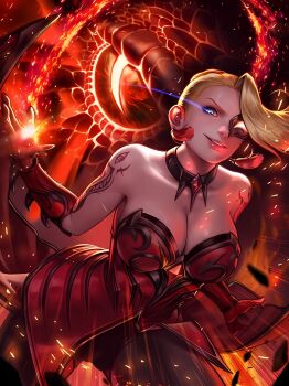 1girl blonde_hair blue_eyes bodypaint breasts curvy dress earrings female_focus gloves hair_bun highres huge_breasts jewelry large_breasts long_hair mature_(kof) pale_skin smile smiley_face the_king_of_fighters the_king_of_fighters_all-stars thick_thighs thighs