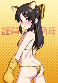 1girl animal_collar animal_ears animal_print ass bare_shoulders bell bikini blush bow breasts brown_eyes brown_hair butt_crack closed_mouth collar cowboy_shot dotted_background embarrassed from_side gloves hadacra hair_bow half_updo happy_new_year idolmaster idolmaster_cinderella_girls jingle_bell long_hair looking_at_viewer micro_bikini neck_bell new_year nose_blush print_bikini print_gloves red_collar sidelocks small_breasts solo straight_hair string_bikini swimsuit tachibana_arisu tiger_ears tiger_print twisted_torso v-shaped_eyebrows yellow_background yellow_gloves