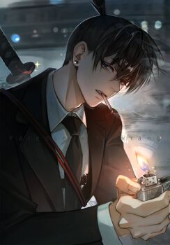 Rule 34 | 1boy, artist name, black hair, black jacket, black necktie, chainsaw man, cigarette, collared shirt, earrings, hayakawa aki, highres, holding, holding lighter, jacket, jewelry, lighter, looking at viewer, male focus, mouth hold, necktie, paresseux 0 0, shirt, short hair, solo, suit jacket, topknot, upper body, weapon, weapon on back, white shirt