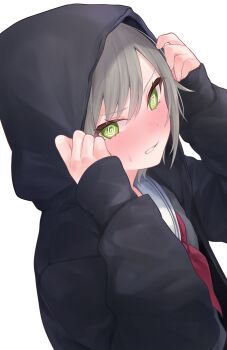 1girl @_@ absurdres black_jacket blush clenched_teeth commentary dutch_angle embarrassed from_side genmai_komeko green_eyes grey_hair grey_shirt hair_between_eyes hands_up highres hinomori_shiho hood hood_pull hood_up hooded_jacket jacket long_sleeves looking_at_viewer miyamasuzaka_girls'_academy_school_uniform neckerchief nose_blush open_clothes open_jacket parted_lips pov project_sekai red_neckerchief sailor_collar school_uniform shirt short_hair sidelocks simple_background sleeves_past_wrists solo sweatdrop swept_bangs symbol-only_commentary teeth turning_head upper_body v-shaped_eyebrows white_background white_sailor_collar