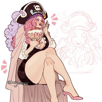 1girl aged_down black_dress breasts cake charlotte_linlin cleavage commentary crossed_legs dannymans66 dress earrings eating english_commentary eyeshadow food hat high_heels highres holding holding_food jewelry long_hair makeup multiple_views notice_lines one_piece pearl_earrings pink_hair pink_shoes pirate_hat purple_eyeshadow red_lips ring shoes strawberry_shortcake twitter_username