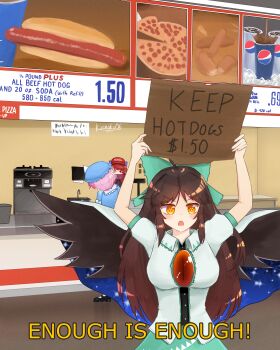3girls absurdres ahoge baseball_cap bird_wings blue_headwear bow breasts brown_hair cardboard cloak collared_shirt commentary costco cowboy_shot english_commentary english_text fast_food food green_bow green_skirt hair_bow hat highres hot_dog huyubun indoors large_breasts long_hair mob_cap multiple_girls open_mouth orange_eyes pepperoni pepperoni_pizza pepsi pink_hair pizza protest puffy_short_sleeves puffy_sleeves radiation_symbol-shaped_pupils red_cloak red_eyes red_hair red_headwear reiuji_utsuho saigyouji_yuyuko sekibanki shirt short_hair short_sleeves signature sink skirt solo_focus standing symbol-shaped_pupils third_eye touhou v-shaped_eyebrows white_shirt wings