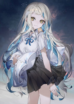 1girl absurdres animal animal_on_shoulder ascot black_skirt blue_ascot blue_hair blue_ribbon blue_sailor_collar blue_sky breasts brown_eyes brown_hair closed_mouth cloud collared_shirt commentary_request dated dress dress_shirt gonzalez_(machita_chima) haizome_senri hamster highres holding holding_unworn_clothes holding_unworn_dress long_hair looking_at_viewer machita_chima machita_chima_(1st_costume) machita_chima_(sailor_dress) multicolored_hair neck_ribbon night night_sky nijisanji plaid_clothes plaid_sailor_collar pleated_skirt ribbon sailor_collar shirt short_sleeves skirt sky small_breasts smile solo_focus standing streaked_hair two-tone_hair unworn_dress very_long_hair virtual_youtuber white_shirt