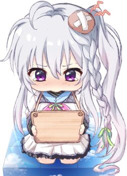 1girl 9-nine- ahoge apologizing bandaid bandaid_on_head blush bow braid chibi commentary eyes_visible_through_hair frilled_skirt frills full_body green_ribbon grey_hair hair_between_eyes hair_ribbon head_bump highres holding holding_sign jacket long_hair long_sleeves looking_down niimi_sora nose_blush pet_shaming pink_bow purple_eyes ribbon school_uniform seiza side_ponytail sidelocks sign sign_around_neck simple_background single_braid sitting skirt solo tatika714 tears textless_version very_long_hair white_background white_jacket white_skirt yurie_mouth