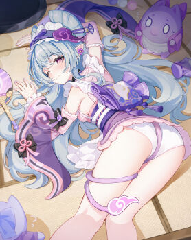 1girl @_@ absurdres aimh aqua_hair ass black_choker breasts choker closed_mouth commentary_request creature detached_sleeves frilled_hairband frilled_sleeves frills genshin_impact gradient_eyes hairband hand_fan highres japanese_clothes kimono long_hair looking_at_viewer looking_back multicolored_eyes nihongami obi_bow one_eye_closed panties pink_kimono pointy_ears purple_eyes purple_kimono purple_sleeves purple_tail sash short_kimono sideboob sleeve_bow sleeveless sleeveless_kimono solo tail tail_around_own_leg tapir_tail tatami thighs underwear wavy_mouth white_panties white_sash wide_sleeves yumemizuki_mizuki