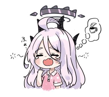 1girl ahoge black_horns blue_archive blush chibi closed_eyes commentary cropped_torso cup e_v_e_neko fang food food_on_face halo highres hina_(blue_archive) horns long_hair open_mouth pajamas pink_shirt polka_dot polka_dot_shirt purple_halo shirt short_sleeves simple_background solo speech_bubble spoken_object squeans thought_bubble white_background white_hair yawning