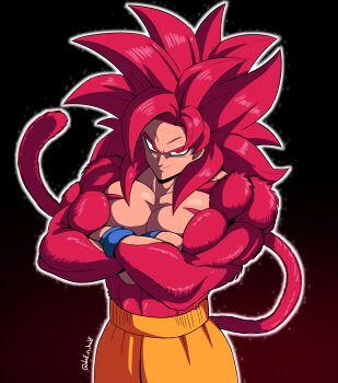 1boy absurdres commentary crossed_arms daf_n_half dragon_ball dragon_ball_daima english_commentary furrowed_brow highres large_pectorals male_focus monkey_tail muscular muscular_male pectorals red_eyes red_fur red_hair signature smile solo son_goku super_saiyan super_saiyan_4 tail topless_male wristband