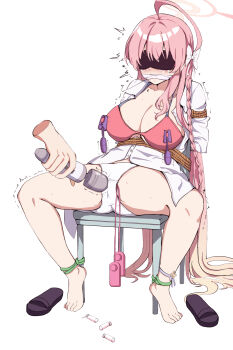 Rule 34 | 1boy, 1girl, absurdres, barefoot, blue archive, bound, breasts, female ejaculation, forced orgasm, halo, hanako (blue archive), highres, hitachi magic wand, large breasts, long hair, mimoun, orgasm, pink hair, pink halo, restrained, sex toy, simple background, sitting, stationary restraints, swimsuit, tied up (nonsexual), vibrator, white background