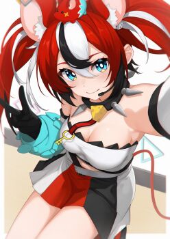 1girl animal_ear_fluff animal_ears black_gloves black_hair black_skirt blue_eyes breasts cleavage closed_mouth collar detached_sleeves dice_hair_ornament extra_ears gloves hair_ornament hakos_baelz hakos_baelz_(1st_costume) hand_up headset hololive hololive_english large_breasts long_hair looking_at_viewer mouse_ears mouse_girl mouse_on_head mouse_tail mousetrap mr._squeaks_(hakos_baelz) multicolored_hair multicolored_skirt red_hair red_skirt shirt skirt smile spiked_collar spikes streaked_hair tail tokyo_(1421) v virtual_youtuber white_hair white_shirt white_skirt