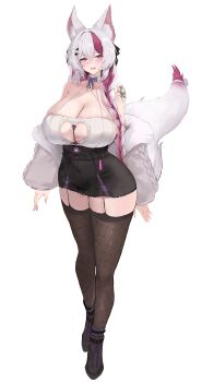 1girl absurdres animal_ear_fluff bare_shoulders black_thighhighs braid breasts cleavage commentary commission crossed_bangs english_commentary full_body hair_between_eyes hair_ornament hairclip highres huge_breasts indie_virtual_youtuber lea_lumie liaowen long_hair long_sleeves looking_at_viewer mole mole_under_eye parted_lips purple_eyes purple_hair smile solo standing tail thighhighs thighs virtual_youtuber white_background white_hair