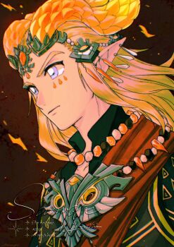 Rule 34 | 1boy, artist name, bead necklace, beads, black jacket, blonde hair, blue eyes, closed mouth, commentary request, earrings, ember set (zelda), embers, highres, horns, jacket, jewelry, link, long hair, male focus, mouyi, multiple earrings, necklace, nintendo, official alternate costume, pointy ears, sample watermark, sidelocks, solo, teardrop facial mark, the legend of zelda, the legend of zelda: tears of the kingdom, upper body, watermark