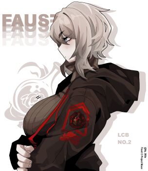 1girl absurdres black_hoodie breasts character_name closed_mouth faust_(project_moon) grey_sweater hair_between_eyes highres hood hoodie limbus_company long_sleeves looking_ahead medium_hair ny_000a project_moon ribbed_sweater simple_background solo sweater train white_background white_hair