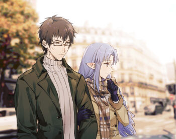 1boy 1girl black_hair blurry coat commentary_request depth_of_field fate/stay_night fate_(series) glasses gloves highres holding_another's_arm kuzuki_souichirou long_hair medea_(caster)_(fate) medea_(fate) pointy_ears purple_eyes purple_hair qianlilingjiang scarf turtleneck
