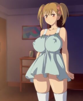1girl angry anime_screenshot arms_at_sides babydoll bare_shoulders blonde_hair blue_dress blush breasts cameltoe covered_erect_nipples cowboy_shot door dress female_focus frontal_upskirt frown haha_musume_donburi hair_ribbon indoors kabushikigaisha_toranoana kaneko_hiraku kirin999 large_breasts legs_apart long_hair oyakodon_oppai_tokumori_bonyuu_shirudaku_de oyakodon_oppai_tokumori_bonyuu_tsuyudaku_de panties pantyshot picture_frame red_eyes ribbon rumi_(haha_musume_donburi) short_hair short_twintails skindentation socks solo standing thighhighs thighs toranoana twintails underwear underwear_only v-shaped_eyebrows white_socks yellow_eyes