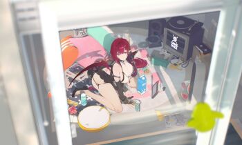 1girl absurdres ass_cutout ass_tattoo bare_shoulders between_legs black_dress black_shoes breasts claw_ring closed_mouth clothing_cutout controller dress elbow_gloves fang from_above game_controller gloves hand_between_legs high_heels highres kikimi large_breasts long_hair looking_at_viewer mole mole_under_eye original panties partially_fingerless_gloves pointy_ears purple_eyes purple_hair shirt shoes side-tie_panties side-tie_peek single_wing sitting sleeveless solo string_panties tattoo thighs underwear very_long_hair wariza white_shirt wings