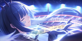 1girl absurdres arknights black_hair closed_eyes constellation crowd gloves halo highres long_hair musical_note night night_sky parted_lips sheet_music sky stage stage_lights upper_body virtuosa_(arknights) white_gloves yizhikejiu