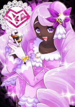 1girl ascot bow brooch cowboy_shot dark-skinned_female dark_skin dress fascinator frilled_ascot frills from_above gem glint glove_bow gloves gold_ring hair_ornament hands_up heart highres holding holding_poke_ball jacinthe_(pokemon) jewelry juliet_sleeves logo long_hair long_sleeves looking_at_viewer looking_up low_drills luxury_ball mega_stone nintendo open_mouth poke_ball pokemon pokemon_legends:_z-a puffy_sleeves purple_dress purple_eyes purple_hair smile solo sparkle teeth very_dark_skin white_gloves yellow_bow yukari_(yukari21653710)