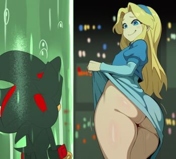 1boy 1girl animal_ears animal_nose ass black_fur blonde_hair blue_dress blue_eyes blue_hairband blush body_fur closed_mouth clothes_lift dress dress_lift from_behind hairband hetero kyojiri_loli layered_sleeves lifting_own_clothes loli long_hair long_sleeves maria_robotnik no_panties outdoors puffy_sleeves pussy_juice red_eyes shadow_the_hedgehog short_over_long_sleeves short_sleeves smile sonic_(series) standing thighs tongue two-tone_fur