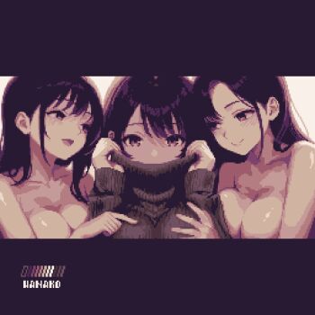 3girls artist_name bad_id bad_twitter_id breasts clothed_female_nude_female color_guide grabbing_another&#039;s_breast groping highres large_breasts letterboxed limited_palette long_hair multiple_girls nude open_mouth original pixel_art simple_background smile specialhanako sweater turtleneck turtleneck_sweater white_background yuri