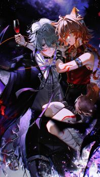 2boys absurdres aged_down alternate_costume animal_ears arm_tattoo ascot bandaged_leg bandages black_cape black_pants black_shorts blonde_hair blood blood_on_face blue_eyes braid cape chest_tattoo chinese_commentary collared_shirt commentary_request cup facial_tattoo flame_reaver_of_the_deepest_dark frilled_shirt frills gradient_hair halloween_costume highres holding holding_cup honkai:_star_rail honkai_(series) male_focus medium_hair multicolored_hair multiple_boys mydei_(honkai:_star_rail) pants parted_bangs phainon_(honkai:_star_rail) qiaose33912 red_hair red_shirt red_tattoo scar scar_on_face shirt short_hair shorts side_braid sleeveless sleeveless_shirt tail tattoo white_ascot white_hair white_shirt wolf_boy wolf_ears wolf_tail yellow_eyes