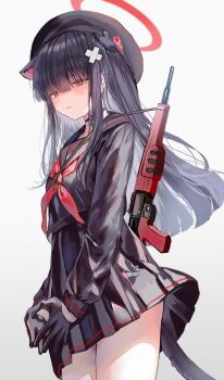 1girl animal_ears beret black_choker black_gloves black_hair black_headwear black_sailor_collar black_serafuku black_skirt blue_archive blush cat_ears cat_tail choker commentary_request cowboy_shot gloves gun hair_over_eyes halo hat highres justice_task_force_member_(blue_archive) long_hair long_sleeves neckerchief open_mouth pleated_skirt red_eyes red_halo red_neckerchief sailor_collar school_uniform serafuku skirt tail tears weapon y_o_u_k_a