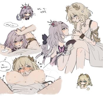 2girls absurdres after_cunnilingus aglaea_(honkai:_star_rail) animal_ears bare_back black_bow black_tiara blonde_hair blush bow bracelet breasts butterfly_ornament castorice_(honkai:_star_rail) cleavage closed_mouth clothing_cutout collarbone corset covering_own_mouth crossed_legs dog_ears dog_tail dress eardoor_1022 flower gloves greco-roman_clothes hair_between_eyes hair_bow hair_flower hair_ornament hand_on_another&#039;s_chin hand_on_another&#039;s_head hand_up heart heart-shaped_pupils highres honkai:_star_rail honkai_(series) jewelry kemonomimi_mode korean_text large_breasts laurel_crown long_hair looking_at_another low_twintails lying multiple_girls multiple_views nipples no_mouth on_back open_mouth pink_flower pointy_ears purple_corset purple_eyes purple_flower purple_gloves purple_hair pussy_juice pussy_juice_on_face rabbit_ears short_hair short_sleeves shoulder_cutout simple_background sitting sleeveless sleeveless_dress smile speech_bubble spread_legs steam sweat symbol-shaped_pupils tail thigh_strap thought_bubble tiara tongue tongue_out translation_request twintails white_background white_dress white_flower yuri