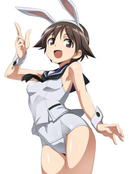 1girl animal_ears black_neckerchief black_sailor_collar breasts brown_eyes brown_hair commentary_request covered_navel highres index_finger_raised loli miyafuji_yoshika nanashino neckerchief one-piece_swimsuit playboy_bunny_swimsuit rabbit_ears sailor_collar sailor_one-piece_swimsuit school_swimsuit short_hair simple_background small_breasts solo strike_witches swimsuit white_background white_one-piece_swimsuit world_witches_series wrist_cuffs