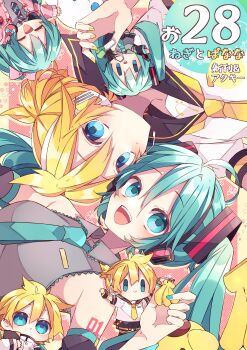 1boy 1girl :d absurdres arm_warmers bare_shoulders bass_clef black_sailor_collar black_shorts black_sleeves blonde_hair blue_eyes blue_hair blue_nails blue_necktie blush chibi cinnamoroll closed_eyes closed_mouth collared_shirt commentary_request detached_sleeves double-parted_bangs fuwa_fuwa_cinnamoroll hair_between_eyes hatsune_miku headset highres kagamine_len kaho_0102 leg_warmers long_hair long_sleeves looking_at_viewer multiple_views nail_polish necktie number_tattoo open_mouth pompompurin sailor_collar sanrio shirt short_hair short_sleeves shorts shoulder_tattoo sleeveless sleeveless_shirt smile spring_onion tattoo translation_request twintails vocaloid white_shirt yellow_nails yellow_necktie |_|