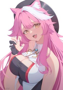 1girl animal_ear_fluff animal_ears artist_glove bare_shoulders black_hat breasts claw_pose hat highres hololive hololive_english large_breasts long_hair multicolored_hair narukamitooru panther_ears panther_girl pink_hair raora_panthera raora_panthera_(1st_costume) simple_background slit_pupils solo strapless two-tone_hair vest virtual_youtuber white_background white_hair white_vest yellow_eyes