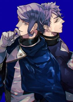1boy blue_background blue_eyes commentary_request dual_persona gaelio_bauduin gloves gundam gundam_tekketsu_no_orphans male_focus military military_uniform purple_hair rata_to scar short_hair simple_background smile