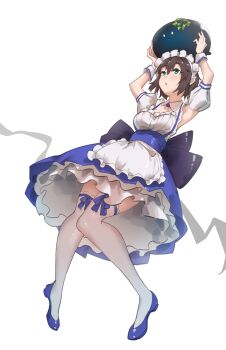 Rule 34 | 1girl, absurdres, aoi erika, apron, aqua eyes, armpits, arms up, back bow, blue bow, blue eyes, blue ribbon, blue skirt, blush, bow, breasts, brown hair, chestnut mouth, citrushn (sushimiganbo), cleavage, detached collar, detached sleeves, dress, frilled apron, frilled skirt, frills, full body, green eyes, hair between eyes, heaven burns red, highres, holding, knees together feet apart, leg ribbon, looking up, maid, maid apron, maid headdress, medium breasts, narby (heaven burns red), open mouth, petticoat, puffy detached sleeves, puffy short sleeves, puffy sleeves, ribbon, ribbon trim, shoes, short hair, short sleeves, simple background, skirt, solo, thighhighs, waist apron, white apron, white background, white thighhighs, wrist cuffs