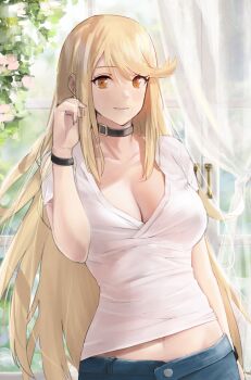 1girl absurdres armlet black_choker blonde_hair blue_pants blush breasts choker cleavage collarbone commentary denim english_commentary hand_up highres j@ck jeans jewelry large_breasts light_smile long_hair looking_at_viewer midriff_peek mythra_(xenoblade) pants shirt solo standing swept_bangs white_shirt wristband xenoblade_chronicles_(series) xenoblade_chronicles_2 yellow_eyes