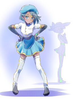 2girls beret ciel_soleil dark_skin dark-skinned_female full_body hat iesupa multiple_girls penny_polendina rwby skirt sun_hat thighhighs