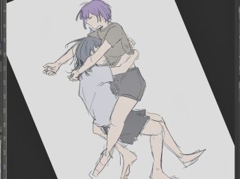 2girls art_program_in_frame bang_dream! bang_dream!_it&#039;s_mygo!!!!! black_hair black_shorts brown_shirt highres hug mebkongseolgi medium_hair multiple_girls purple_hair shirt short_hair shorts sketch sleeping white_shirt yahata_umiri yuri yuutenji_nyamu