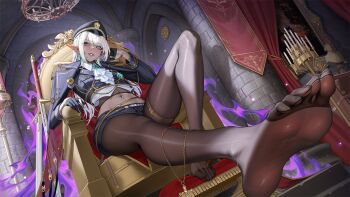 Rule 34 | 1boy, aqua eyes, aqua nails, belt, black gloves, black pantyhose, blue nails, blush, candlestand, chair, chinese commentary, coat, coat on shoulders, commentary request, crossdressing, crossdressing (mtf), dark-skinned male, dark elf, dark skin, earrings, elf, epaulettes, feet, fishnets, foot focus, gloves, grin, hat, highres, indie virtual youtuber, jewelry, long hair, looking at viewer, male focus, midriff, military hat, military uniform, minko xiv, nail polish, navel, navel piercing, necklace, pantyhose, piercing, pointy ears, shorts, sitting, smile, solo, sword, throne, toenail polish, toenails, trap, tsuki no i-min, virtual youtuber, weapon, white hair